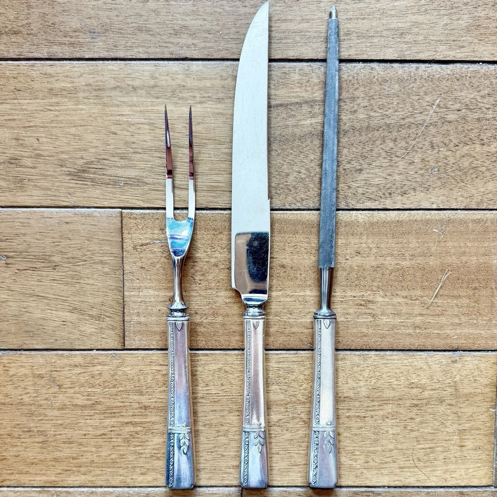 3pc VTG Antique 30s Oneida Prestige GRENOBLE Silverplate Carving Set Sharpener